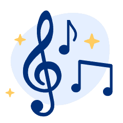 Illustration of a treble clef and some quarter notes on a blue background with yellow sparkles