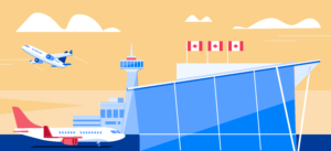 An illustration of Toronto Airport during the day. (A tall glass building, with Canada flags on the roof, with planes taking off and on the runway.)