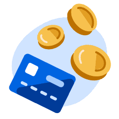 An illustration of money, credit card, and coins.