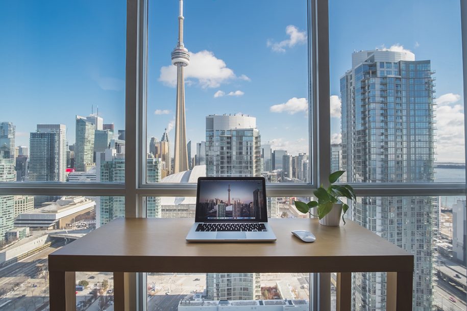 Desk looking out at Toronto skyline