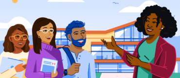 An illustration of three students listening to an instructor talking. In the background is a modern, glass school building and a blue sky.