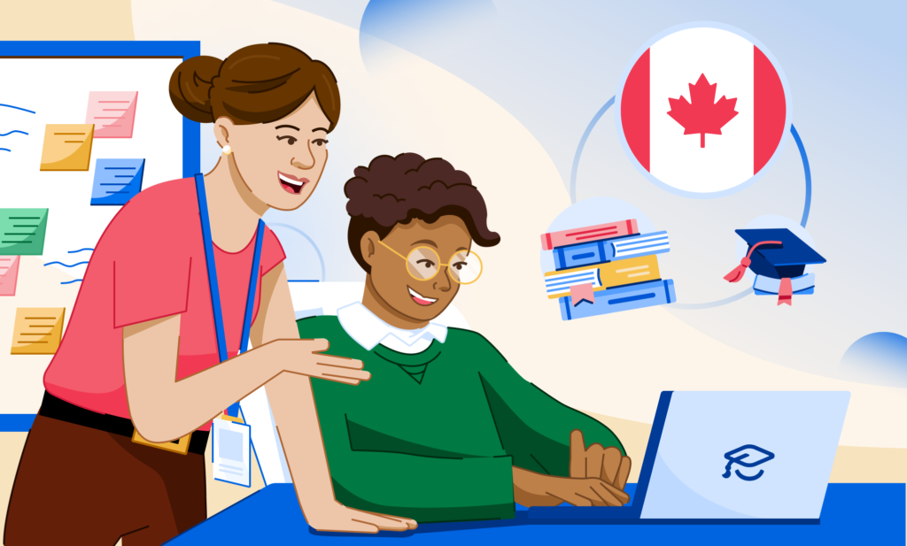 An illustration of two students at a desk with Canada's flag, grad hat, and books graphic behind them.
