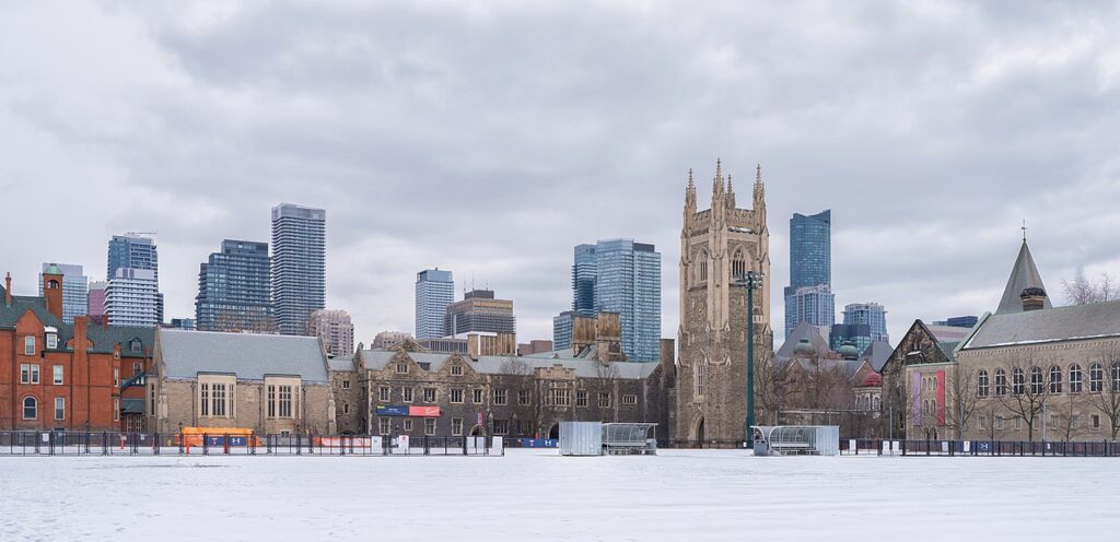 A snowy landscape, with university and downtown office buildings on the horizon. (Toronto in winter)