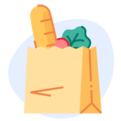 A paper bag holding a loaf of bread, apples, and leafy greens