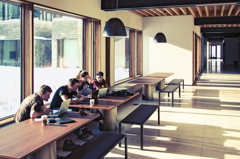 Students working in Ivey Business School building