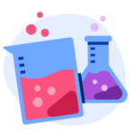 An illustration of scientific beakers filled with colourful liquids.