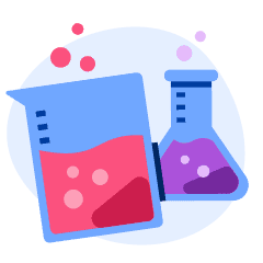 An illustration of scientific beakers filled with colourful liquids.