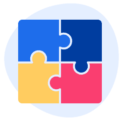 An illustration of four puzzle pieces fitting together into a square. Two pieces are blue, one is yellow, and the other a light red.
