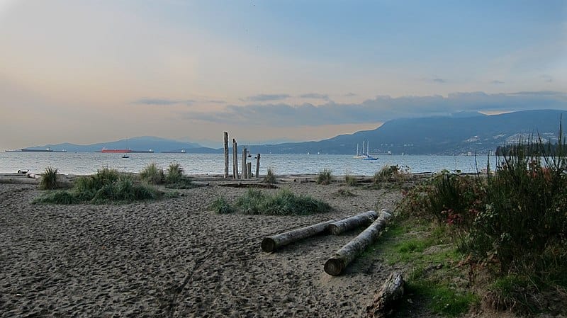 A wide sandy beach with driftwood stretches near to the horizon, framed by calm Pacific Ocean waters and coastal mountains.