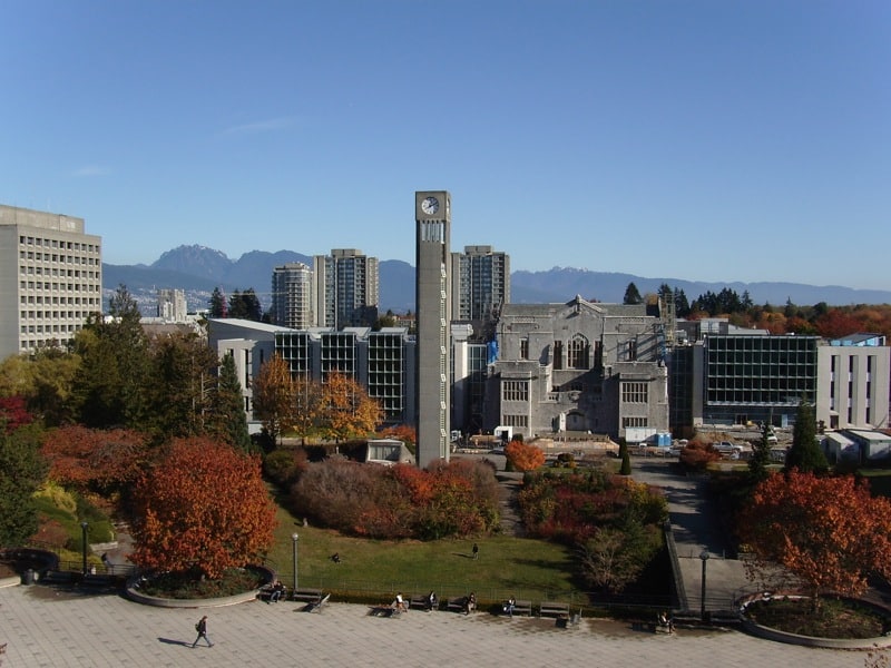 A skyline view of a mix of university buildings, framed by a clear blue sky and red and green foliage. (UBC)