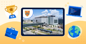 A photo of the university of waterloo merged with graphics.