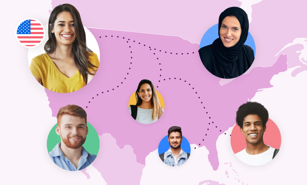 An illustration of a map of the US with photos of students' faces arranged across the map.