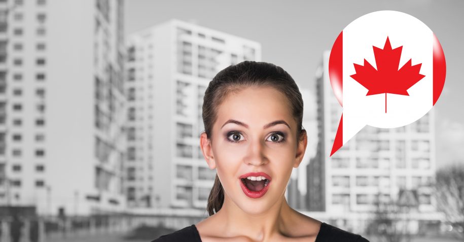 Surprised woman with Canada speech bubble