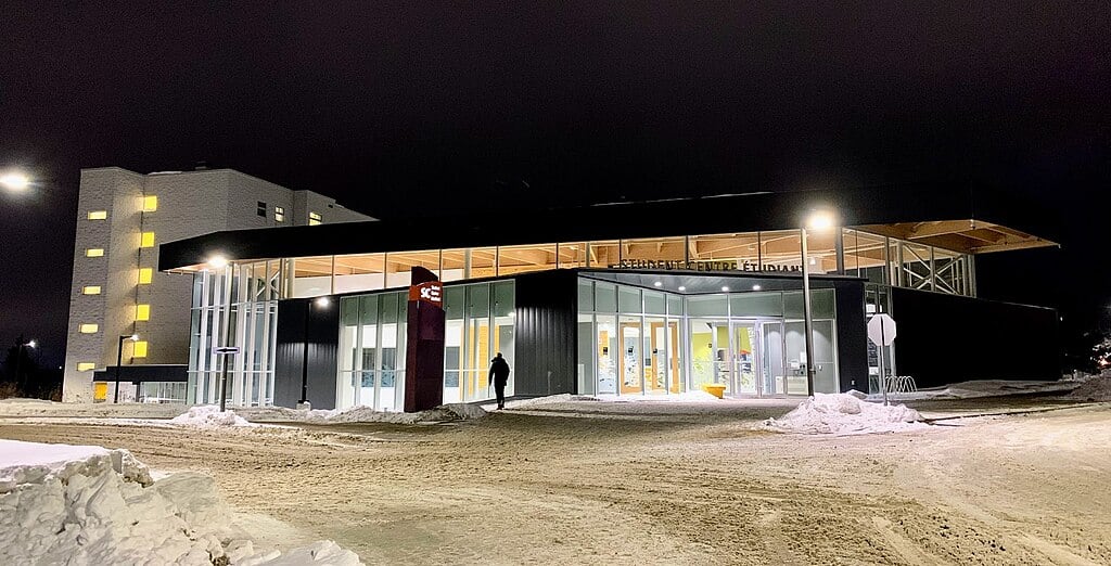 A modern multistorey university building on Laurentian University's campus in Canada.