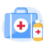 An illustration of a first-aid kit and bottle of peroxide, as part of the packing list for Canada.