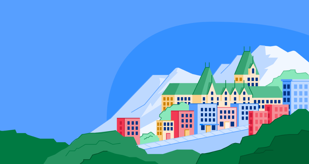 Illustration of Quebec's mountains and buildings.