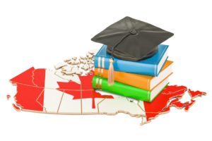 Graphic of textbooks on top of Canadian flag