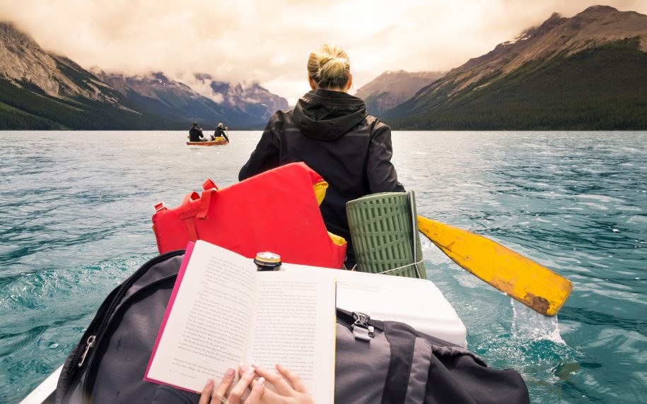 People canoeing on lake