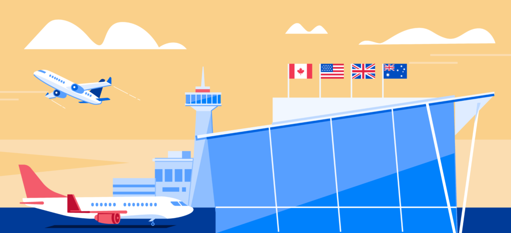 An illustration of an airport during the day with the Canadian, the US, the UK and Australian flags.