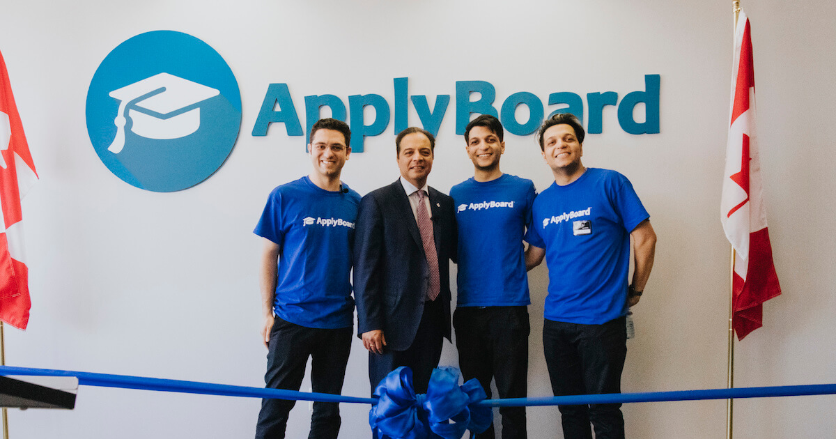 ApplyBoard's founders pose with Kitchener Centre MP Raj Saini during the office's grand opening