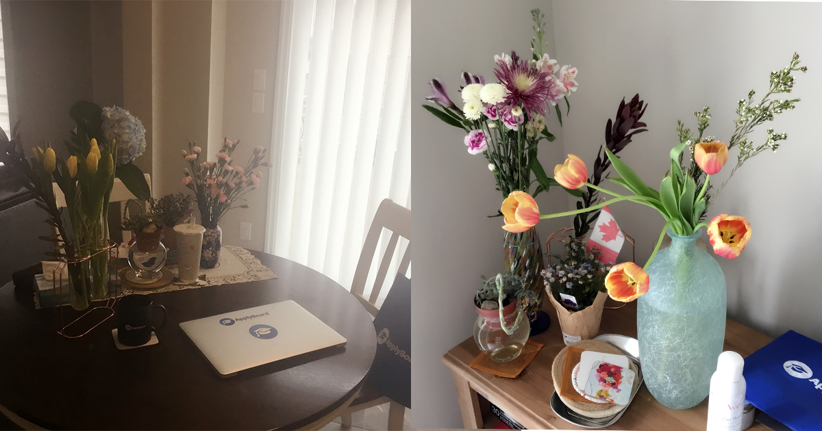 Anna's flowers in her work from home setup