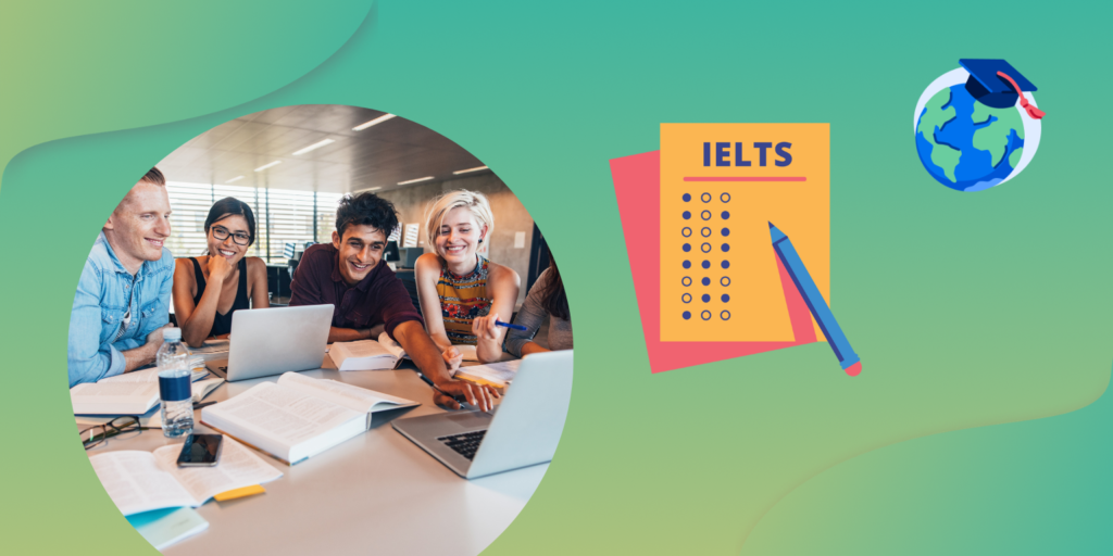 Students studying at a library table with open books, pens, and a laptop, representing IELTS practice tests.