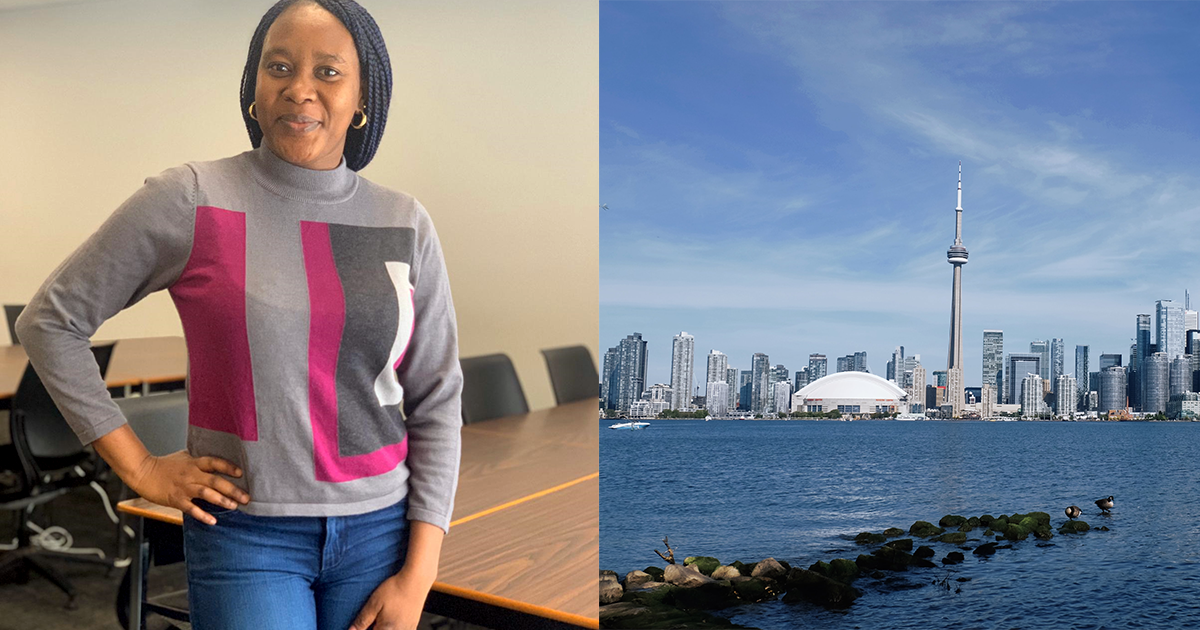 Photos of Damilola Adeleke in an office and Toronto skyline