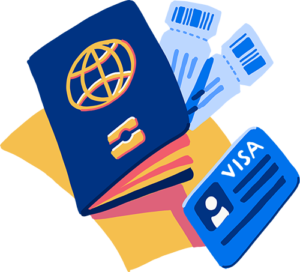 An illustration of a passport with two plane tickets and a Visa card, representing a UK student visa rejection.