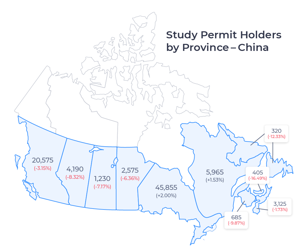 A map of Canada showing the number of study permit holders from China in each province. Described in detail below.