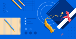 Illustration of grad cap, diploma, and school supplies