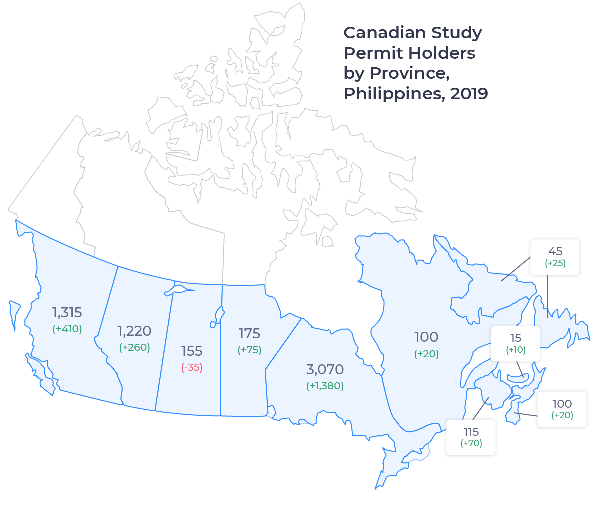 Map of Canada showing the number of study permit holders from the Philippines in each province. Described in detail below.