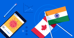 Illustration of Canada and India flags and device