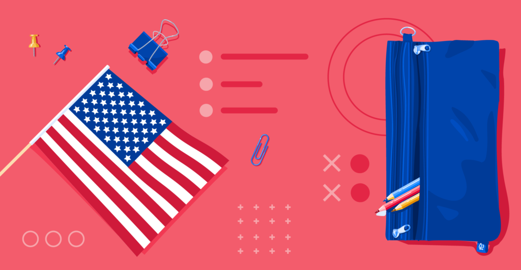 Illustration of US flag and pencil case