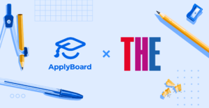ApplyBoard and Times Higher Education logos with school supplies