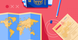 Illustration of map, study permit, and travel documents