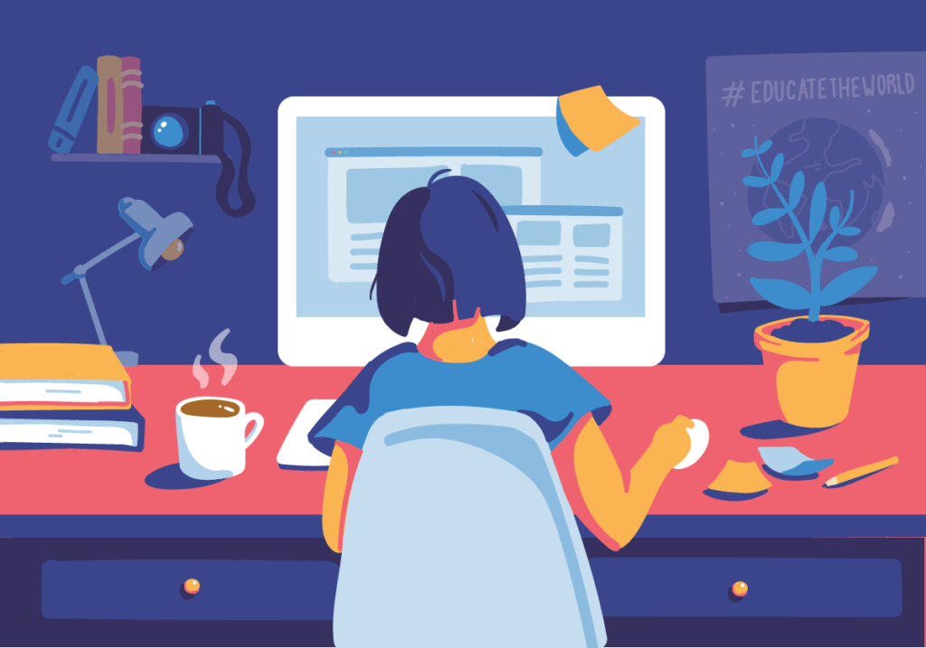 Illustration of woman studying online