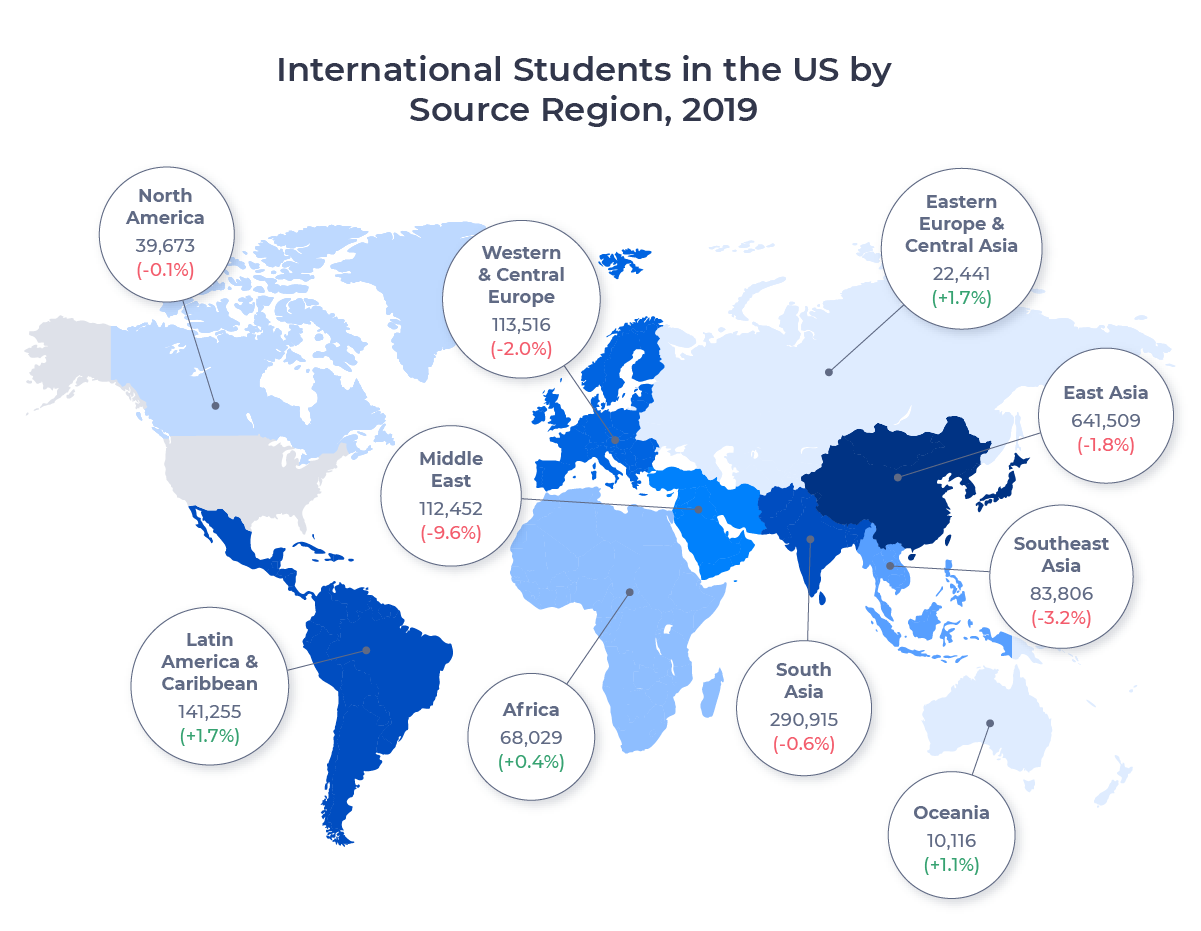 Map of the world showing the regions of origin for international students in the US for 2019. East Asia was the top source region, sending 641,509 students.
