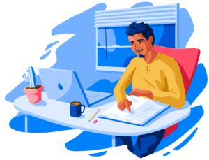 Illustration of male student studying online