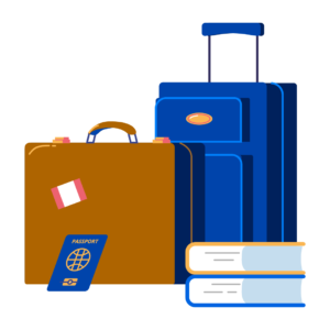 Illustration of luggage, books, and passport