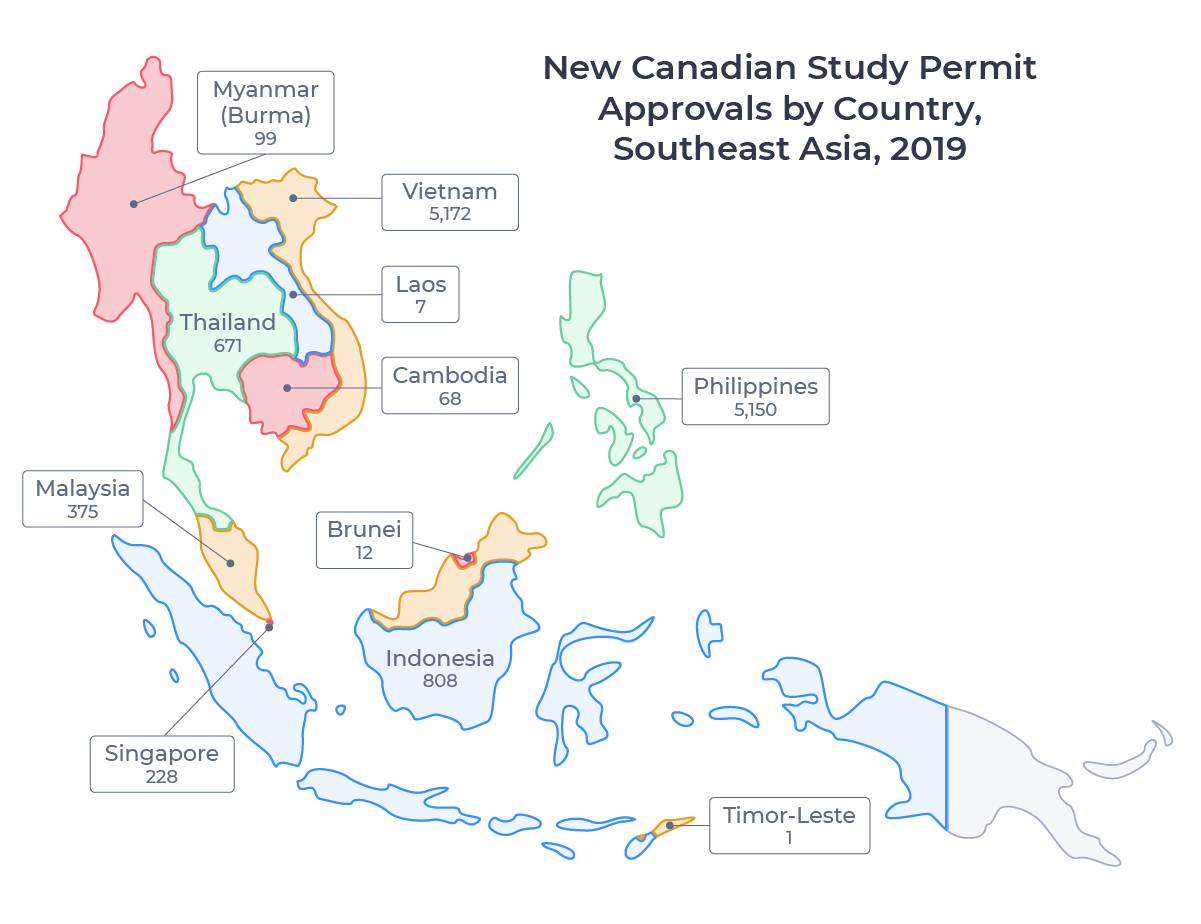 Map showing the countries of Southeast Asia. Includes Brunei, Cambodia, Indonesia, Laos, Malaysia, Myanmar (Burma), the Philippines, Singapore, Thailand, Timor-Leste, and Vietnam.