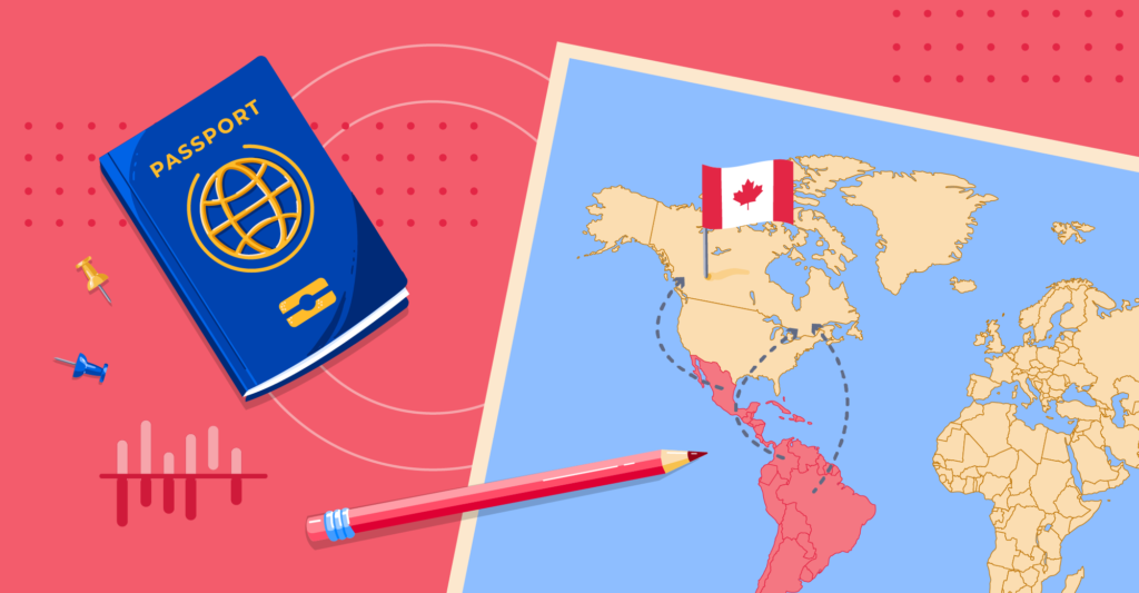 A map of Latin America with arrows pointing at Canada next to a pencil and passport