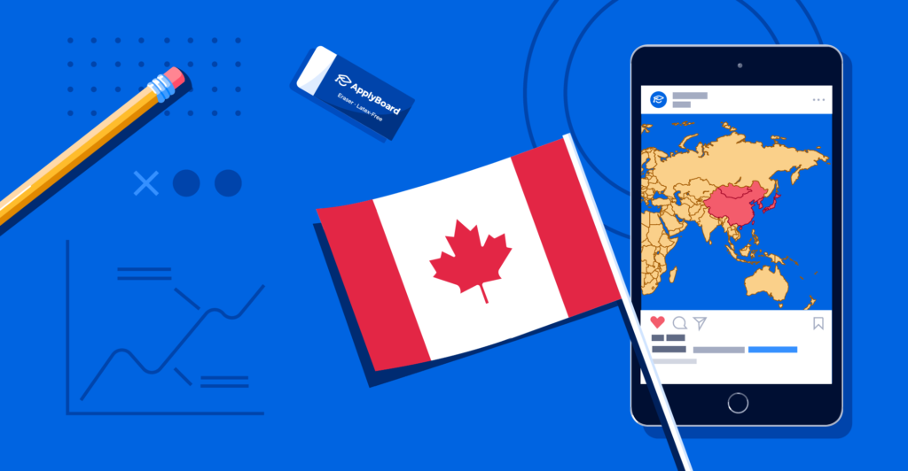 A Canadian flag, a smartphone showing a map of East Asia, and some school supplies