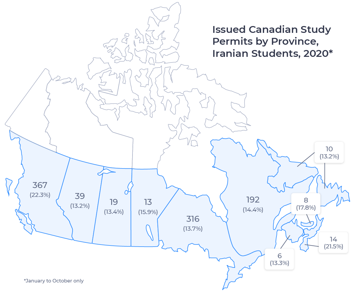 Map of Canada showing issued study permit numbers for Iranian students in 2020 (Jan-Oct)