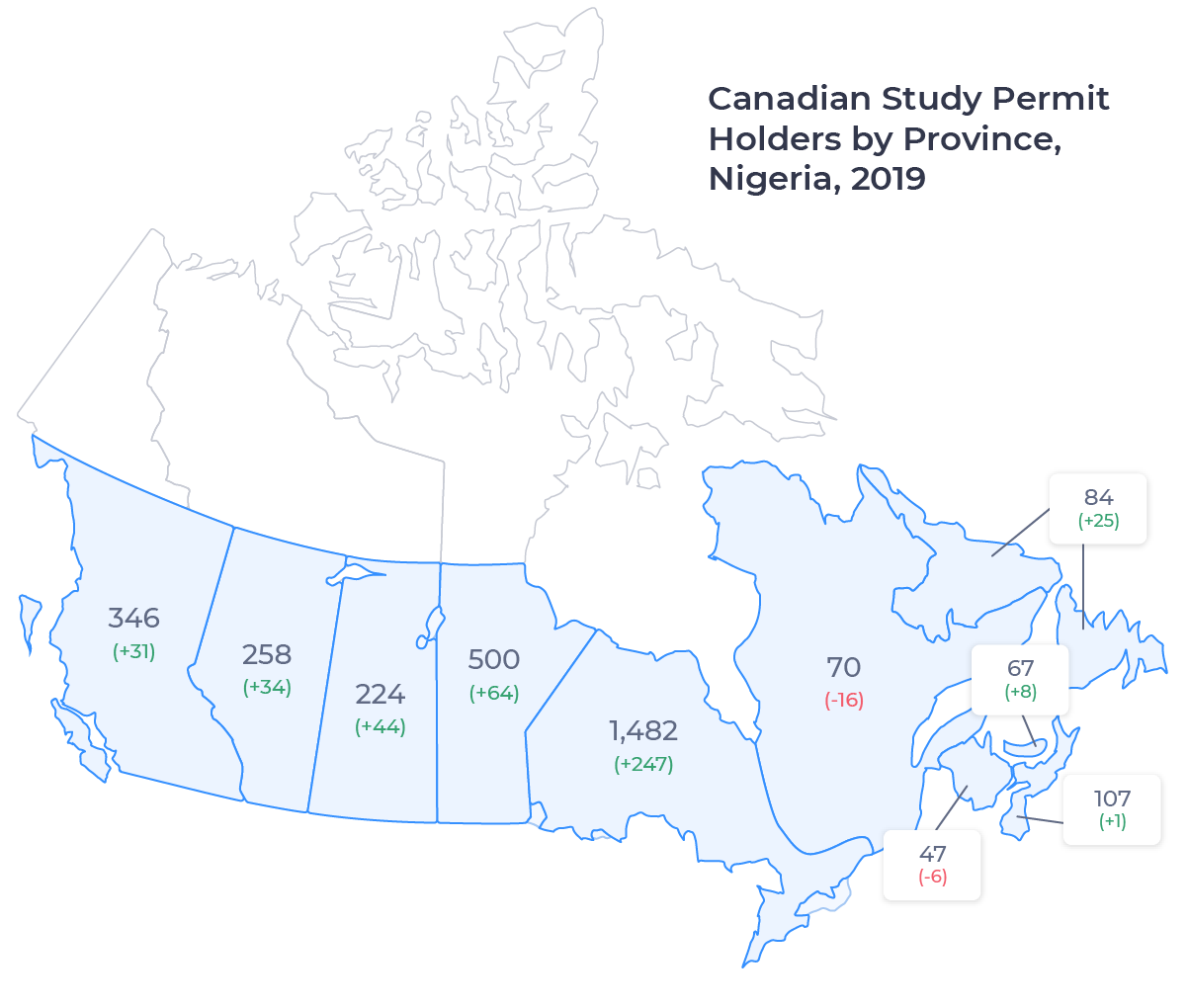 A labelled map of Canada showing how many study permits were issued to Nigerian nationals based on their province of study for 2019