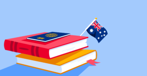 Illustration of stack of books with passport and Australian flag