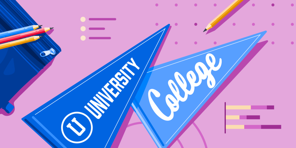 Pennants labelled "University" and "College", along with some school supplies