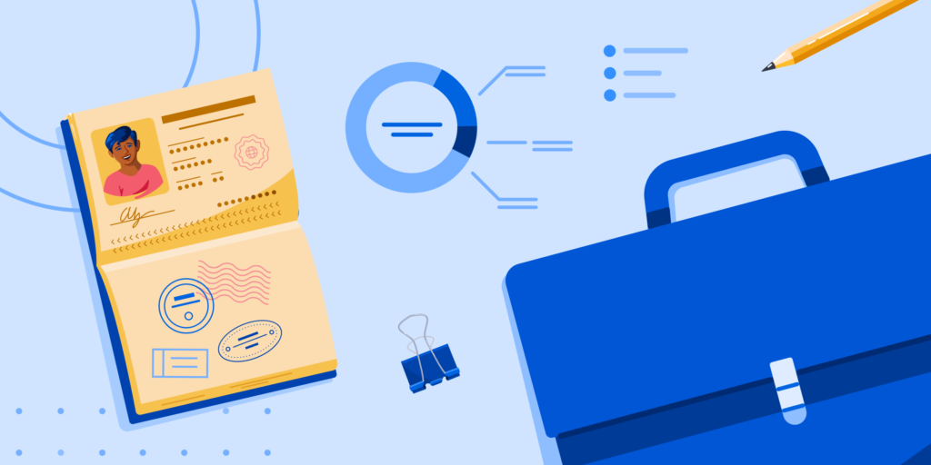 AI Business banner featuring a briefcase, a passport, and a generic chart