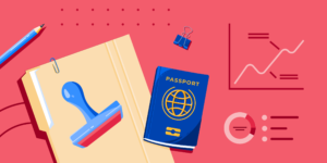 AI Retention banner with a file folder, stamp, passport, and generic charts