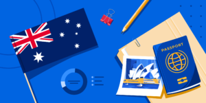 Blog banner for AI Top Source Countries for Australian Tertiary Schools featuring an Australian flag, the Sydney Opera House, a passport, a pencil, a generic chart, and a folder