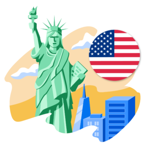 Illustration of the US flag and the Statue of Liberty (with the Transamerica Pyramid/SF skyline in the background)